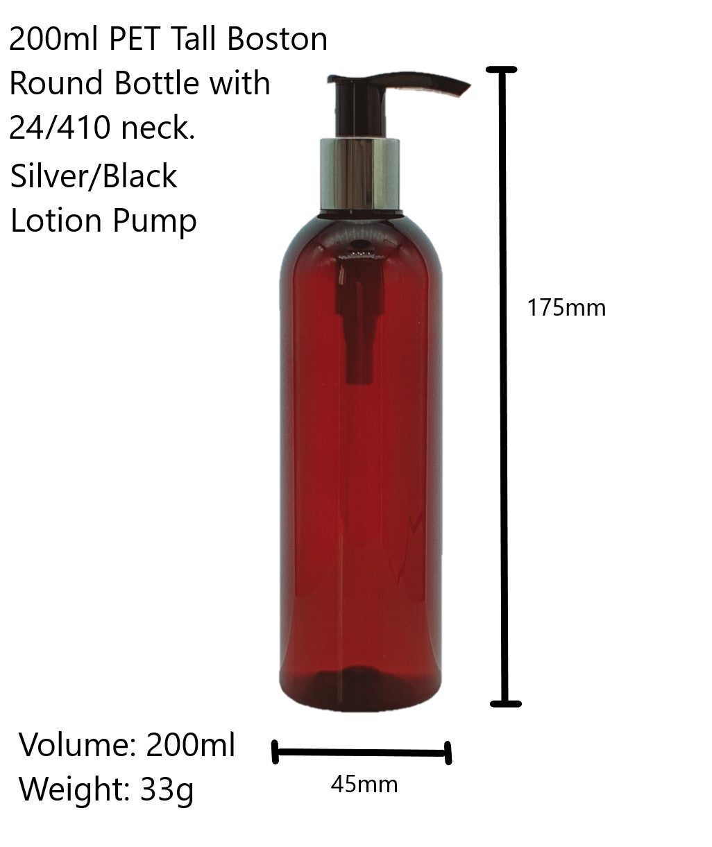 200ml Tall Amber Plastic Bottle with 24mm 410 Silver/Black Lotion Pump