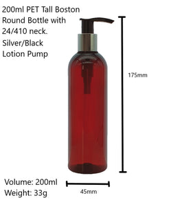 200ml Tall Amber Plastic Bottle with 24mm 410 Silver/Black Lotion Pump