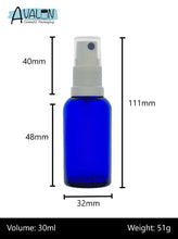 Load image into Gallery viewer, 30ml Blue Glass Bottles with White Atomiser Spray and Clear Overcap