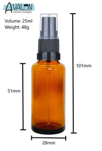 25ml Amber Glass Bottles with Black Atomiser Spray and Clear Overcap