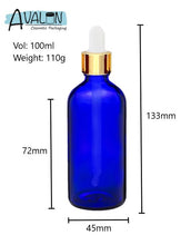 Load image into Gallery viewer, 100ml Blue Glass Bottles with Gold/White Glass Pipettes