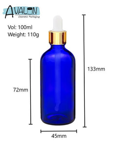 100ml Blue Glass Bottles with Gold/White Glass Pipettes