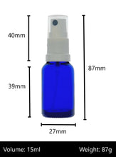 Load image into Gallery viewer, 15ml Blue Glass Bottles with White Atomiser Spray and Clear Overcap