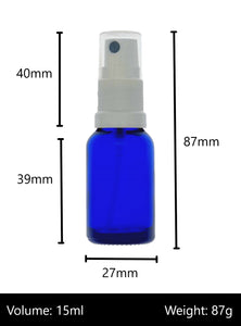 15ml Blue Glass Bottles with White Atomiser Spray and Clear Overcap