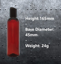 Load image into Gallery viewer, 200ml Tall Amber Plastic Bottles with 24mm 410 Black Disc Top Cap