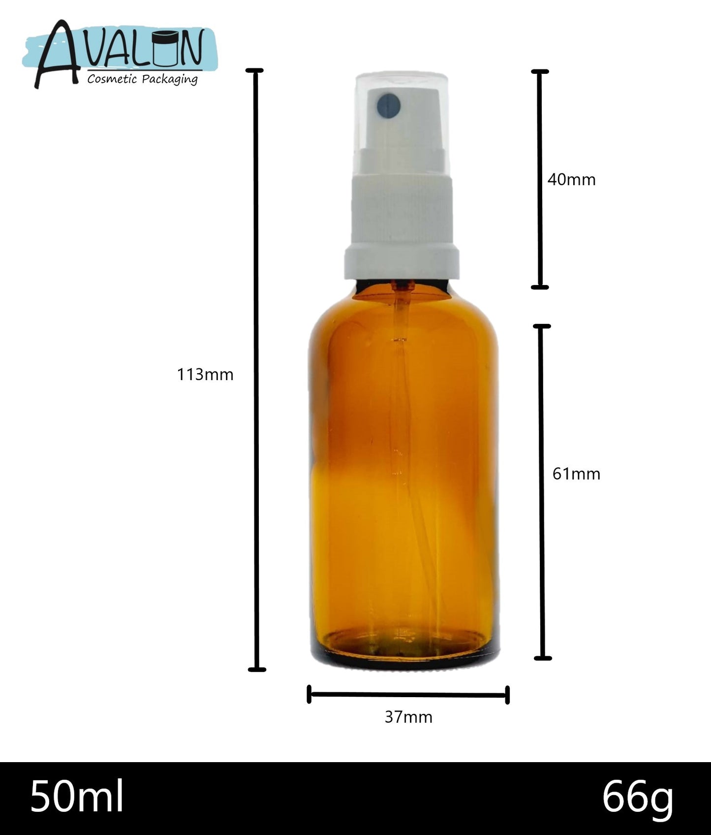 50ml Amber Glass Bottles with White Atomiser Spray and Clear Overcap