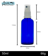 Load image into Gallery viewer, 50ml Blue Glass Bottles with White Atomiser Spray and Clear Overcap