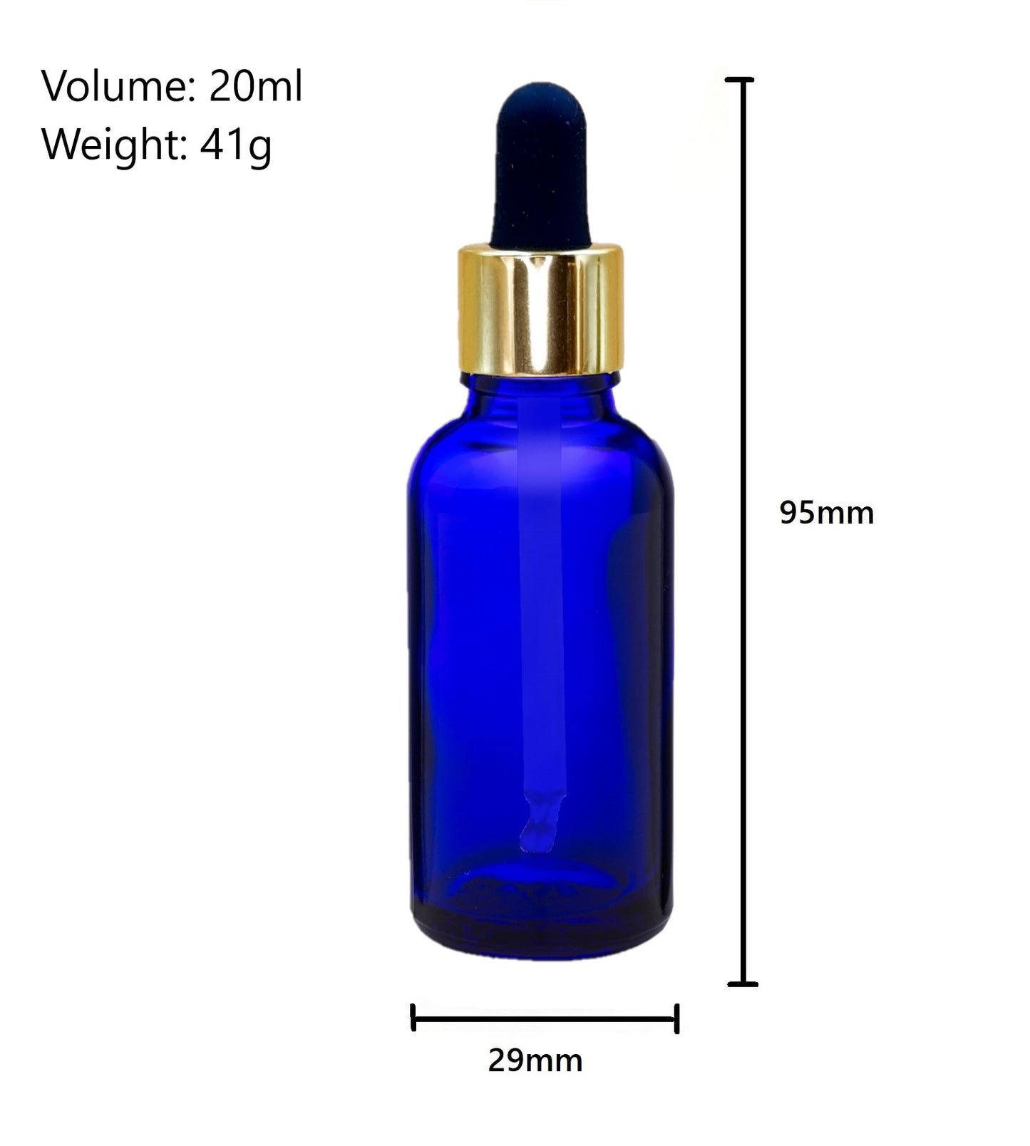 20ml Blue Glass Bottles with Gold/Black Glass Pipettes