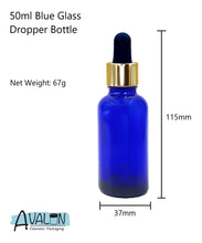 Load image into Gallery viewer, 30ml Blue Glass Bottles with Gold/Black Glass Pipettes