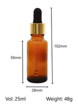 Load image into Gallery viewer, 25ml Amber Glass Bottles with Gold/Black Glass Pipettes