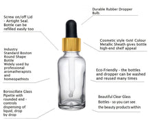 Load image into Gallery viewer, 30ml Clear Glass Bottles with Gold/Black Glass Pipettes