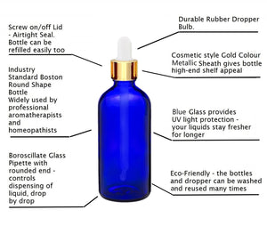 100ml Blue Glass Bottles with Gold/White Glass Pipettes