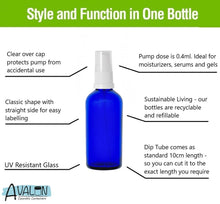 Load image into Gallery viewer, 100ml Blue Glass Bottles with White Treatment Pump and Clear Overcap