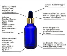 Load image into Gallery viewer, 30ml Blue Glass Bottles with Gold/Black Glass Pipettes