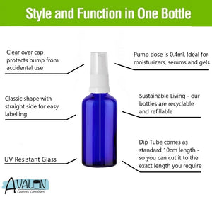 50ml Blue Glass Bottles with White Treatment Pump and Clear Overcap