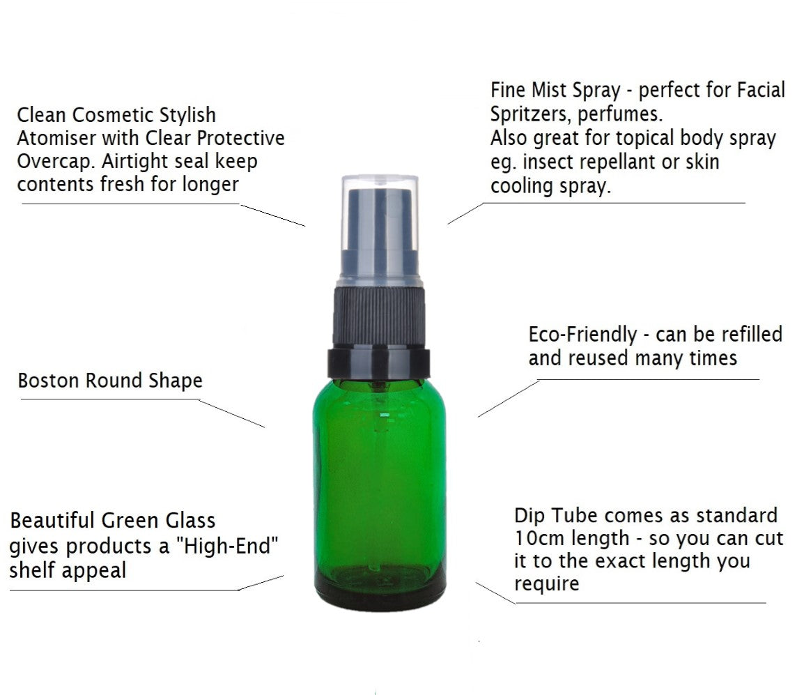 15ml Green Glass Bottles with Black Atomiser Spray and Clear Overcap