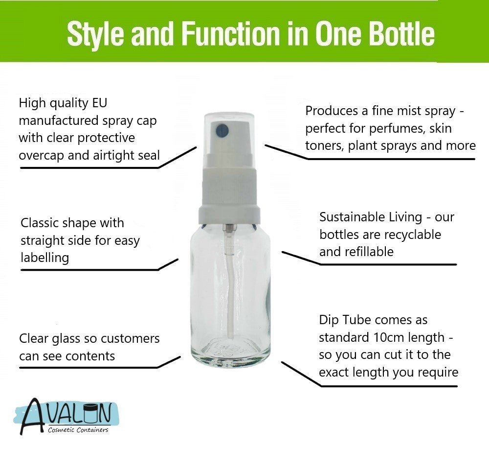 15ml Clear Glass Bottles with White Atomiser Spray and Clear Overcap