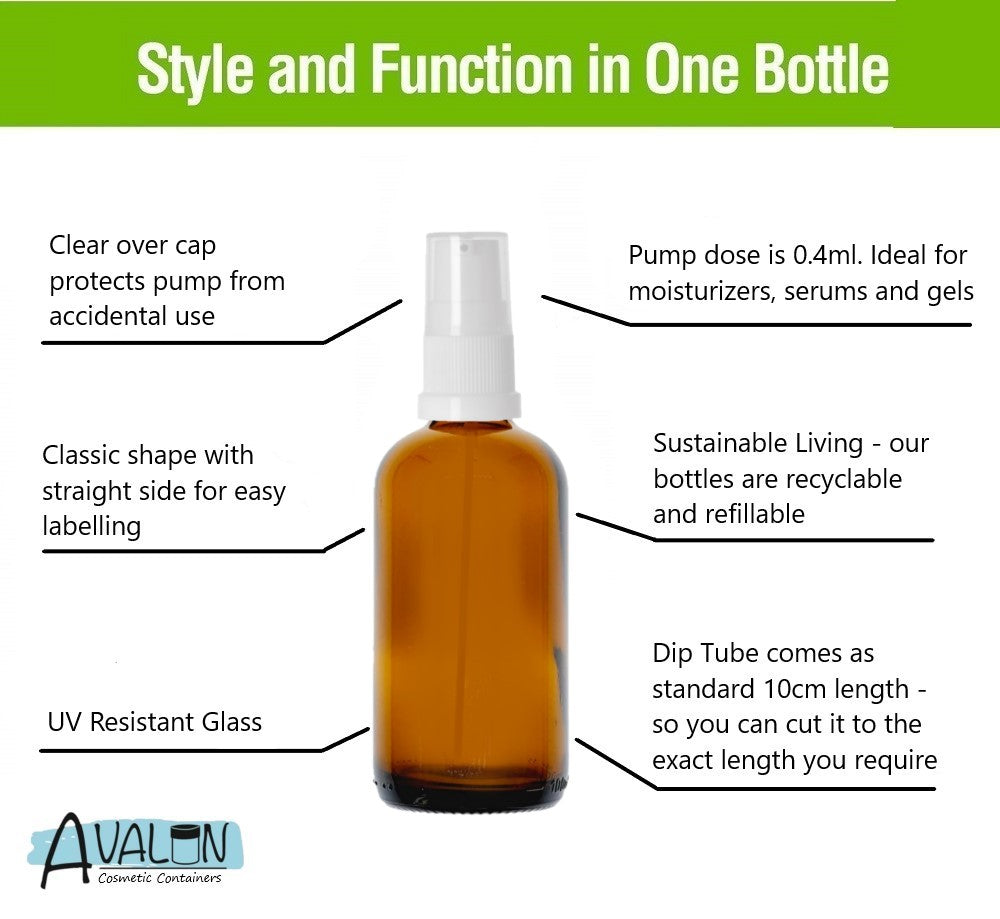 100ml Amber Glass Bottles with White Treatment Pump and Clear Overcap