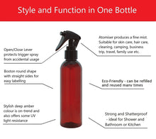 Load image into Gallery viewer, 200ml Tall Amber Plastic PET Bottle with 24mm 410 Black Trigger Spray