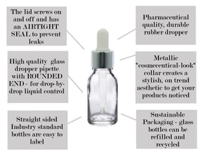 15ml Clear Glass Bottles with Silver/White Glass Pipettes