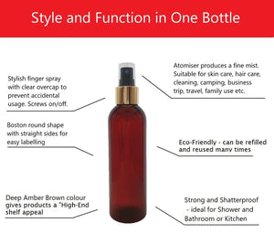 200ml Tall Amber Plastic PET Bottle with 24/410 Gold & Black Finger Spray