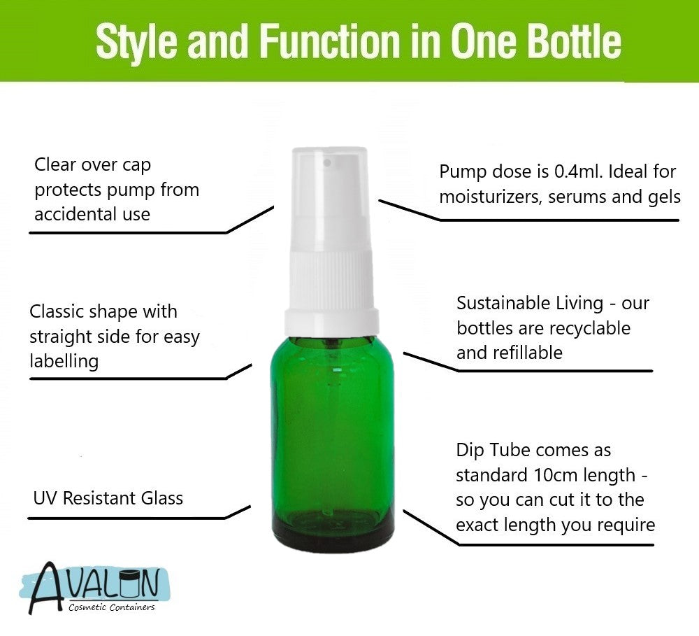 15ml Green Glass Bottles with White Treatment Pump and Clear Overcap