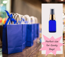 Load image into Gallery viewer, 15ml Blue Glass Bottles with Gold/Black Treatment Pump and Clear Overcap