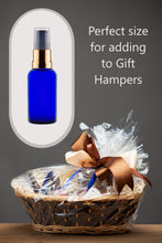 Load image into Gallery viewer, 30ml Blue Glass Bottles with Gold/Black Treatment Pump and Clear Overcap