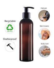 Load image into Gallery viewer, 200ml Tall Amber Plastic Bottles with 24mm 410 Black Lotion Pump