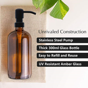 300ml Amber Glass Soap Dispenser Bottles with Matt Black Metal Pump