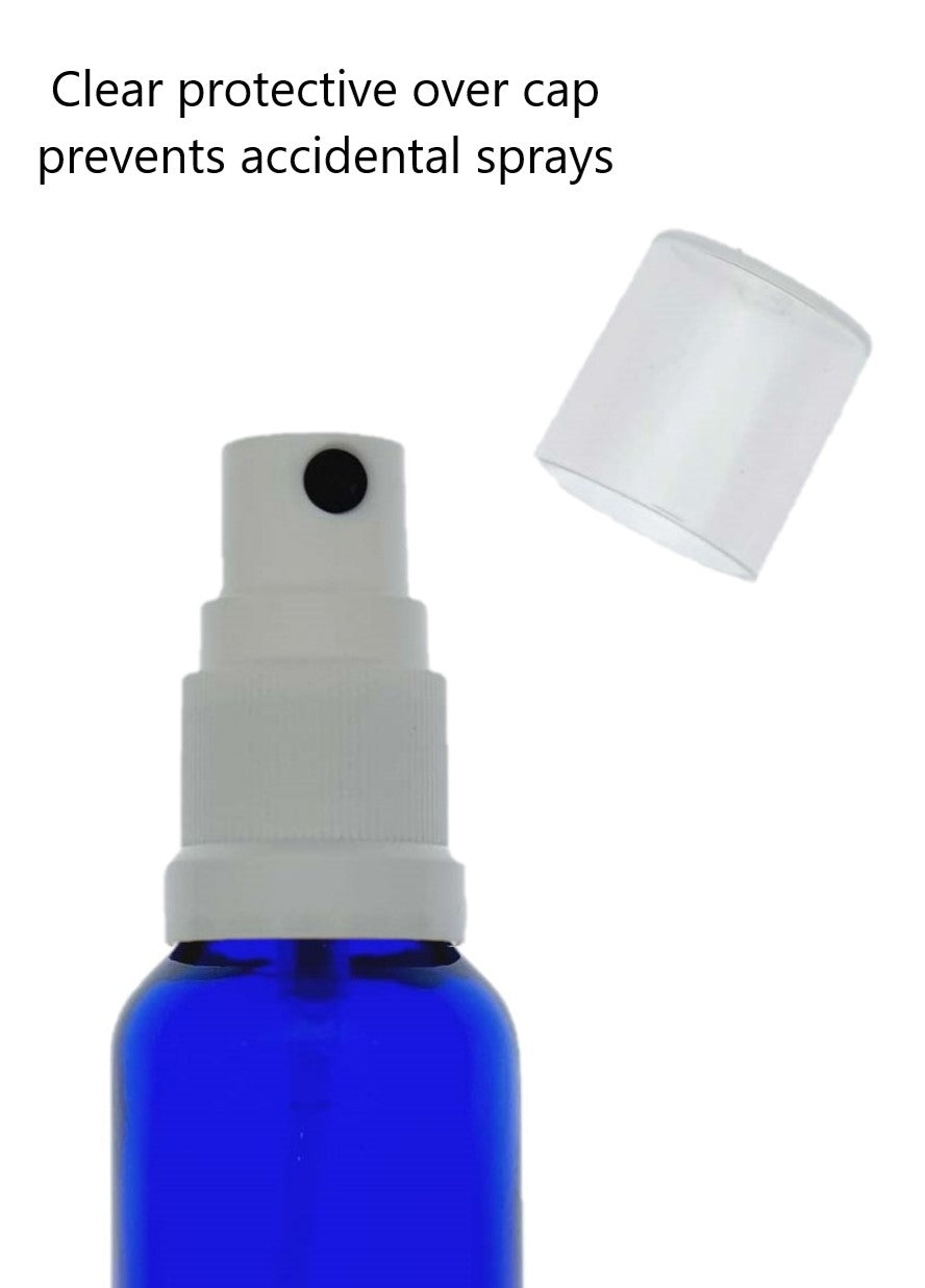 15ml Blue Glass Bottles with White Atomiser Spray and Clear Overcap