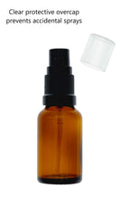 Load image into Gallery viewer, 15ml Amber Glass Bottles with Black Atomiser Spray and Clear Overcap