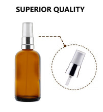 Load image into Gallery viewer, 100ml Amber Glass Bottles with Silver/White Treatment Pump and Clear Overcap