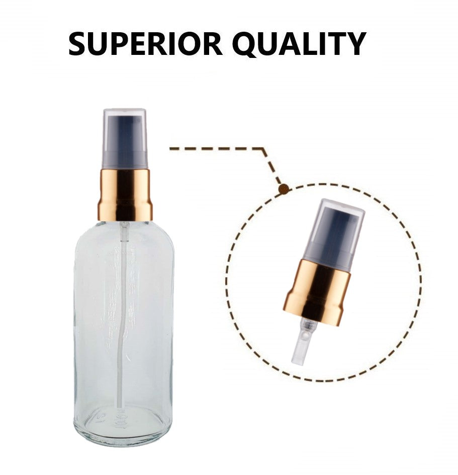 100ml Clear Glass Bottles with Gold/Black Treatment Pump and Clear Overcap