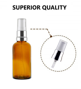 50ml Amber Glass Bottles with Silver/White Treatment Pump and Clear Overcap