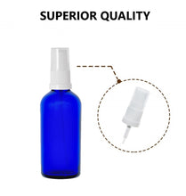 Load image into Gallery viewer, 100ml Blue Glass Bottles with White Treatment Pump and Clear Overcap