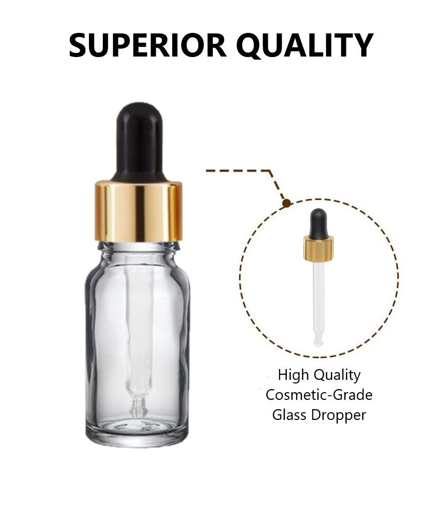 10ml Clear Glass Bottles with Gold/Black Glass Pipettes