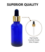 Load image into Gallery viewer, 50ml Blue Glass Bottles with Gold/Black Glass Pipettes