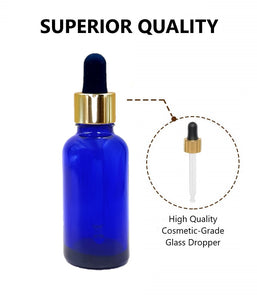 50ml Blue Glass Bottles with Gold/Black Glass Pipettes