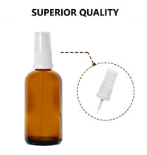 Load image into Gallery viewer, 100ml Amber Glass Bottles with White Treatment Pump and Clear Overcap