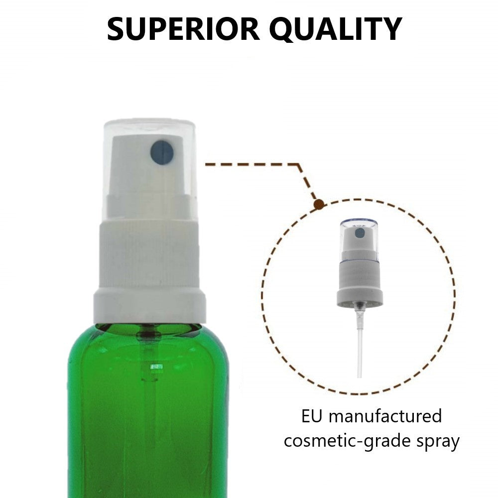 15ml Green Glass Bottles with White Atomiser Spray and Clear Overcap