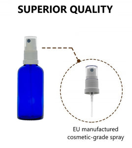 50ml Blue Glass Bottles with White Atomiser Spray and Clear Overcap