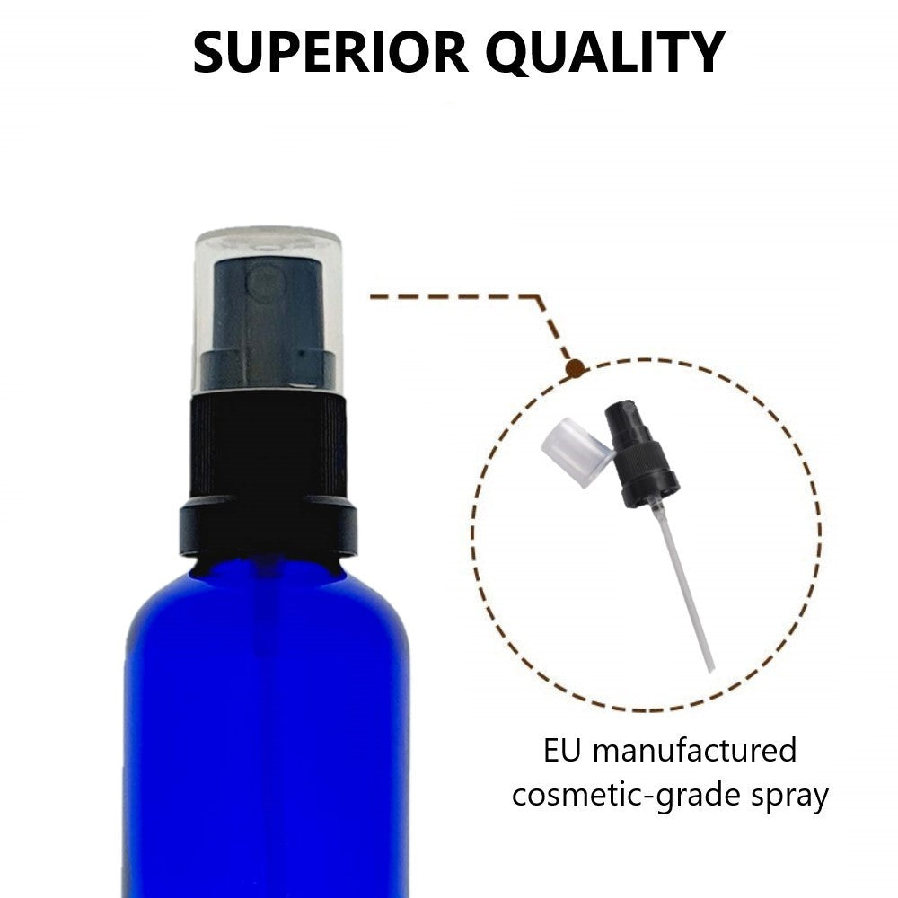 30ml Blue Glass Bottles with Black Atomiser Spray and Clear Overcap