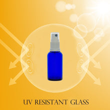 Load image into Gallery viewer, 50ml Blue Glass Bottles with White Atomiser Spray and Clear Overcap