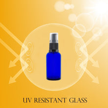 Load image into Gallery viewer, 30ml Blue Glass Bottles with Black Treatment Pump and Clear Overcap