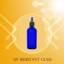 Load image into Gallery viewer, 100ml Blue Glass Bottles with Black Treatment Pump and Clear Overcap