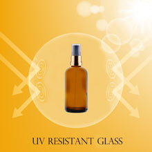 Load image into Gallery viewer, 100ml Amber Glass Bottles with Gold/Black Treatment Pump and Clear Overcap