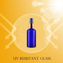 Load image into Gallery viewer, 50ml Blue Glass Bottles with Gold/Black Treatment Pump and Clear Overcap