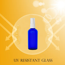 Load image into Gallery viewer, 100ml Blue Glass Bottles with White Treatment Pump and Clear Overcap