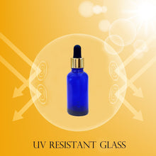 Load image into Gallery viewer, 50ml Blue Glass Bottles with Gold/Black Glass Pipettes